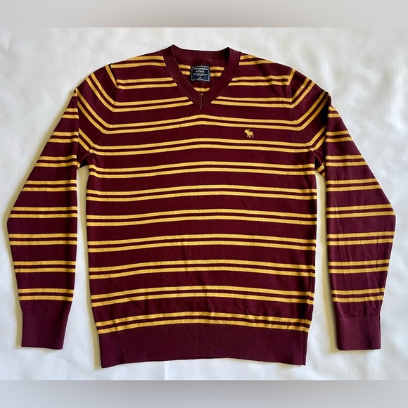 Abercrombie & Fitch Men’s V Neck Sweater Size Medium Burgundy Yellow Stripes - Picture 1 of 6